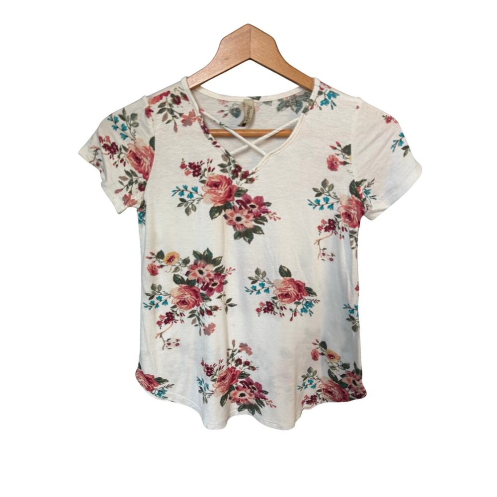 Girls Pomelo M Off White Short Sleeve Floral Criss Cross Blouse Shirt Top
